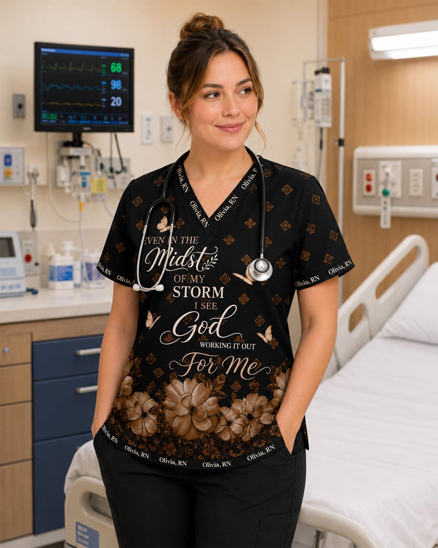 Personalized Name & Job Title Nurse God Working It Out For Me Top - Scrubloop
