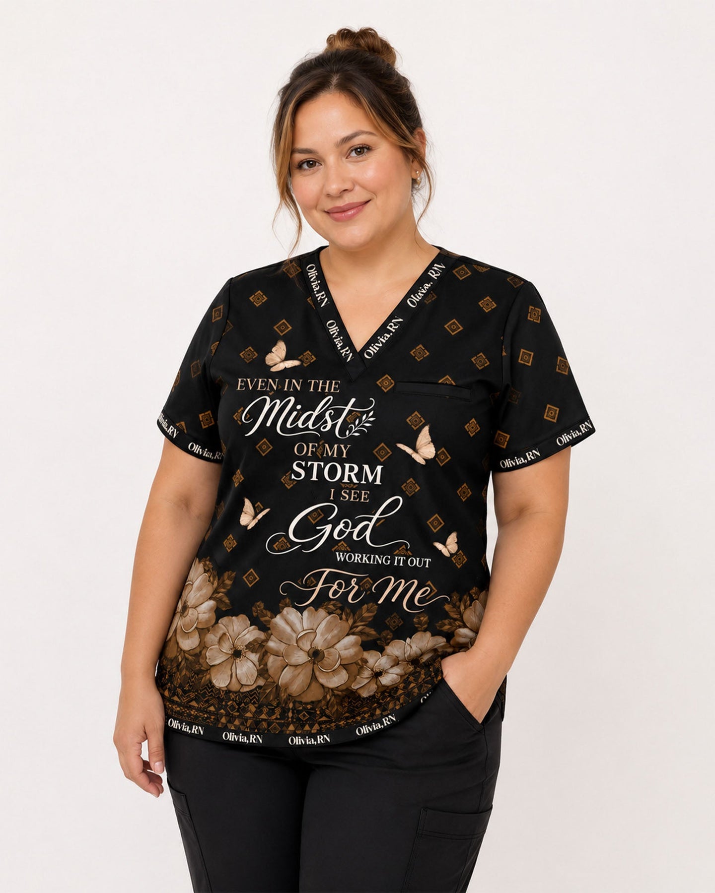 Personalized Name & Job Title Nurse God Working It Out For Me Top - Scrubloop