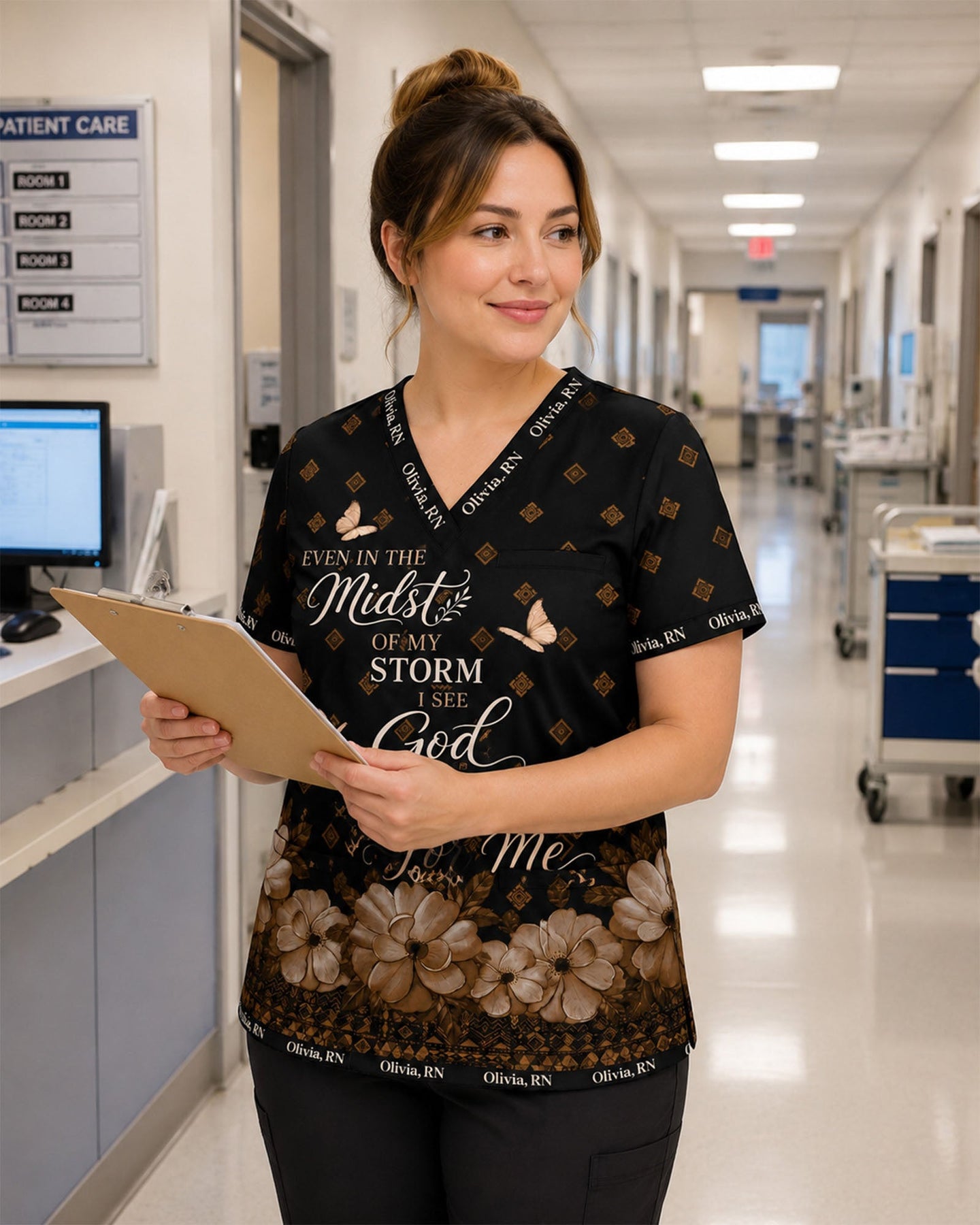 Personalized Name & Job Title Nurse God Working It Out For Me Top - Scrubloop