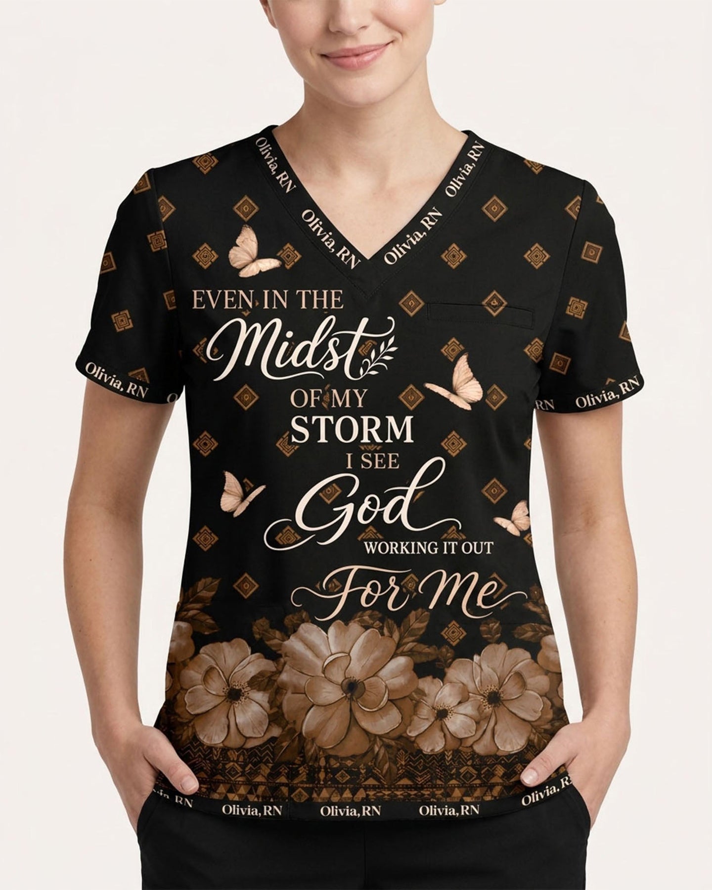 Personalized Name & Job Title Nurse God Working It Out For Me Top - Scrubloop