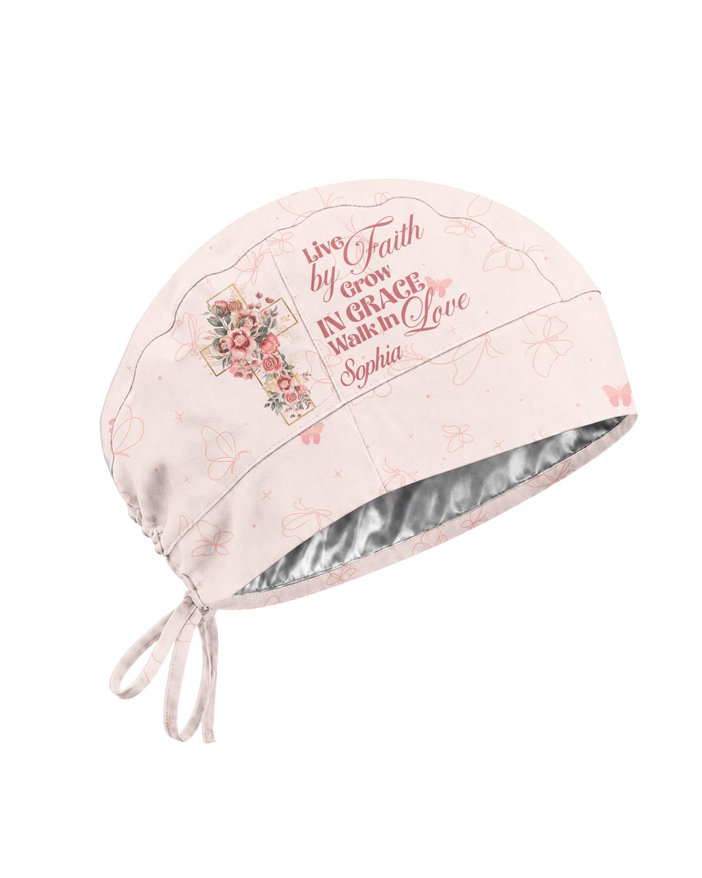 Personalized Name Live By Faith Grow In Grace Walk In Love Flower Cross Christian Nurse Cap - Scrubloop