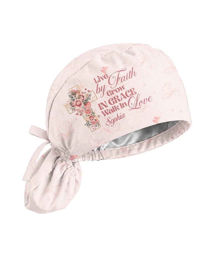 Personalized Name Live By Faith Grow In Grace Walk In Love Flower Cross Christian Nurse Cap