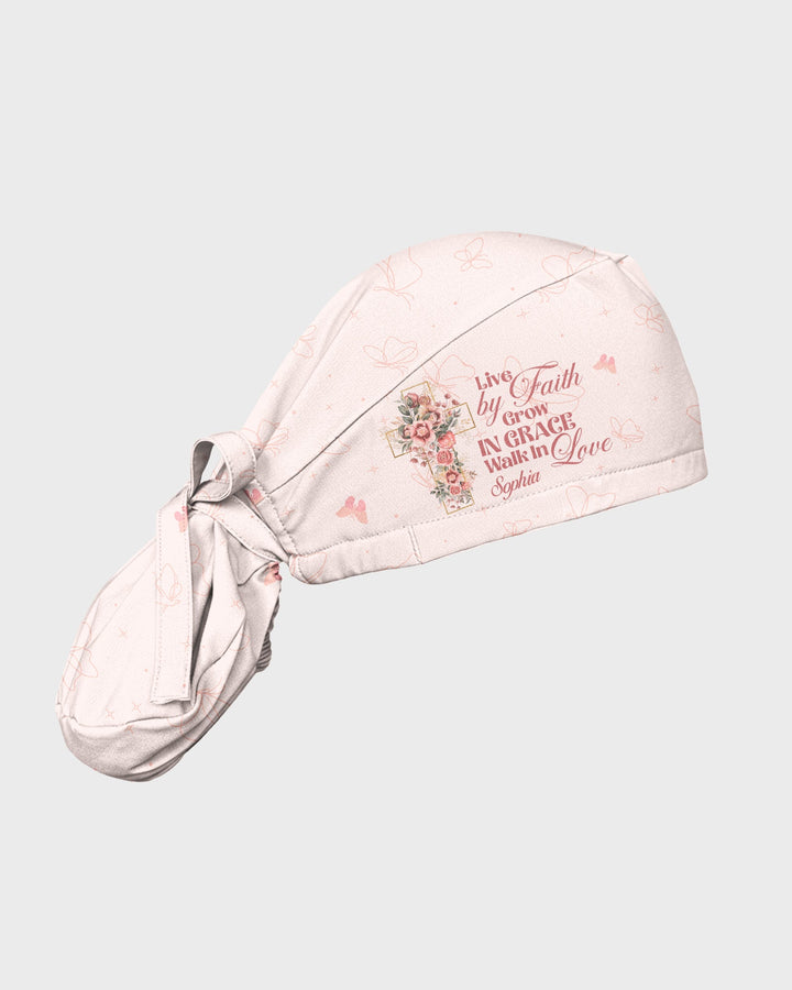 Personalized Name Live By Faith Grow In Grace Walk In Love Flower Cross Christian Nurse Cap