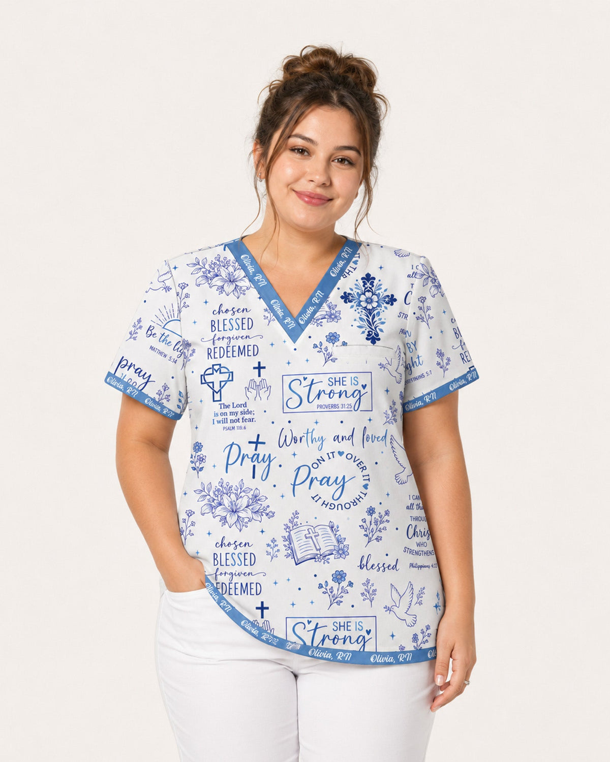 Personalized Name Nurse Christian Prayer Jesus Flower Cross Bible Quote Pattern Top - Scrubloop