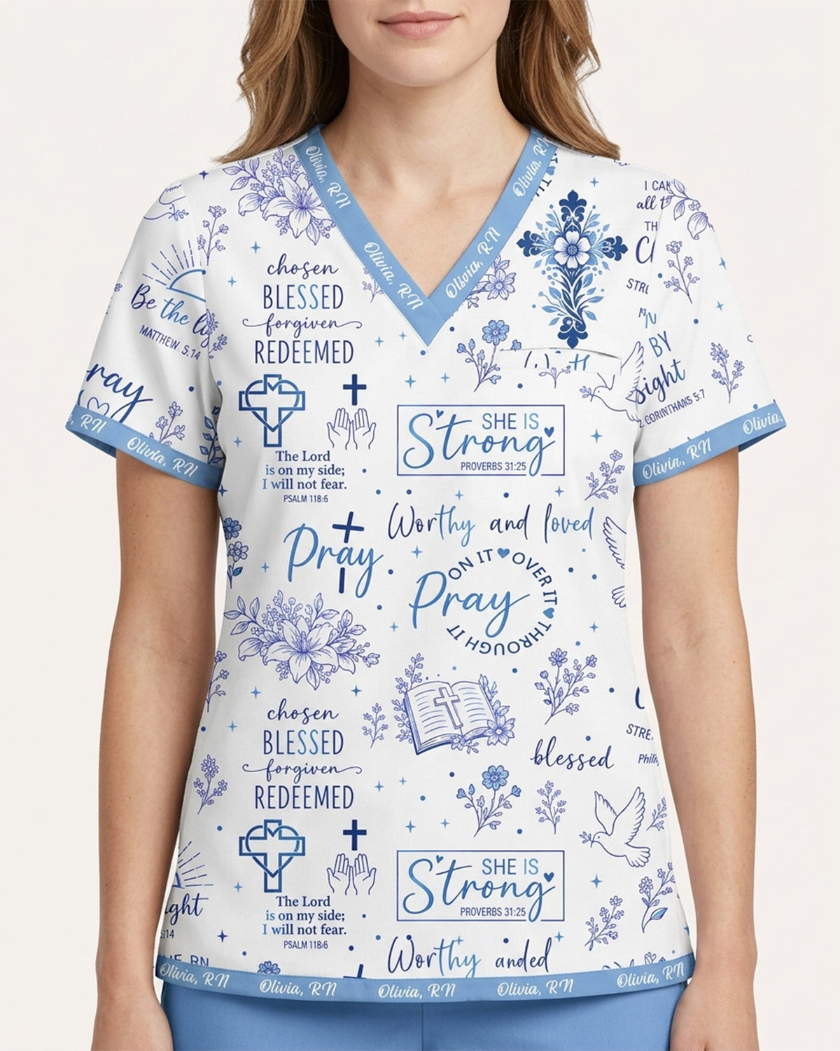 Personalized Name Nurse Christian Prayer Jesus Flower Cross Bible Quote Pattern Top - Scrubloop
