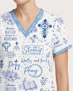 Personalized Name Nurse Christian Prayer Jesus Flower Cross Bible Quote Pattern Top - Scrubloop