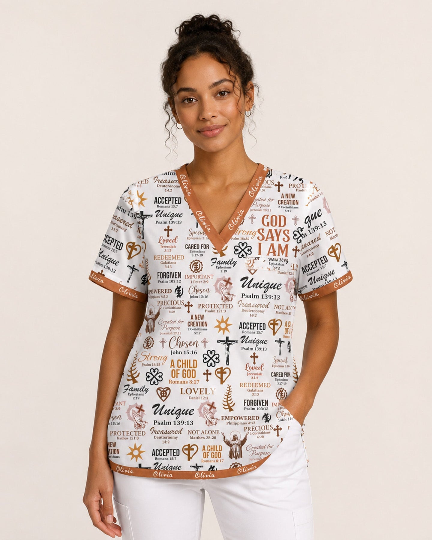 Personalized Name Nurse God Says I Am Bible Pattern Women's One-Pocket V-neck Scrub Top - Scrubloop