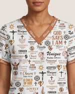 Personalized Name Nurse God Says I Am Bible Pattern Women's One-Pocket V-neck Scrub Top - Scrubloop