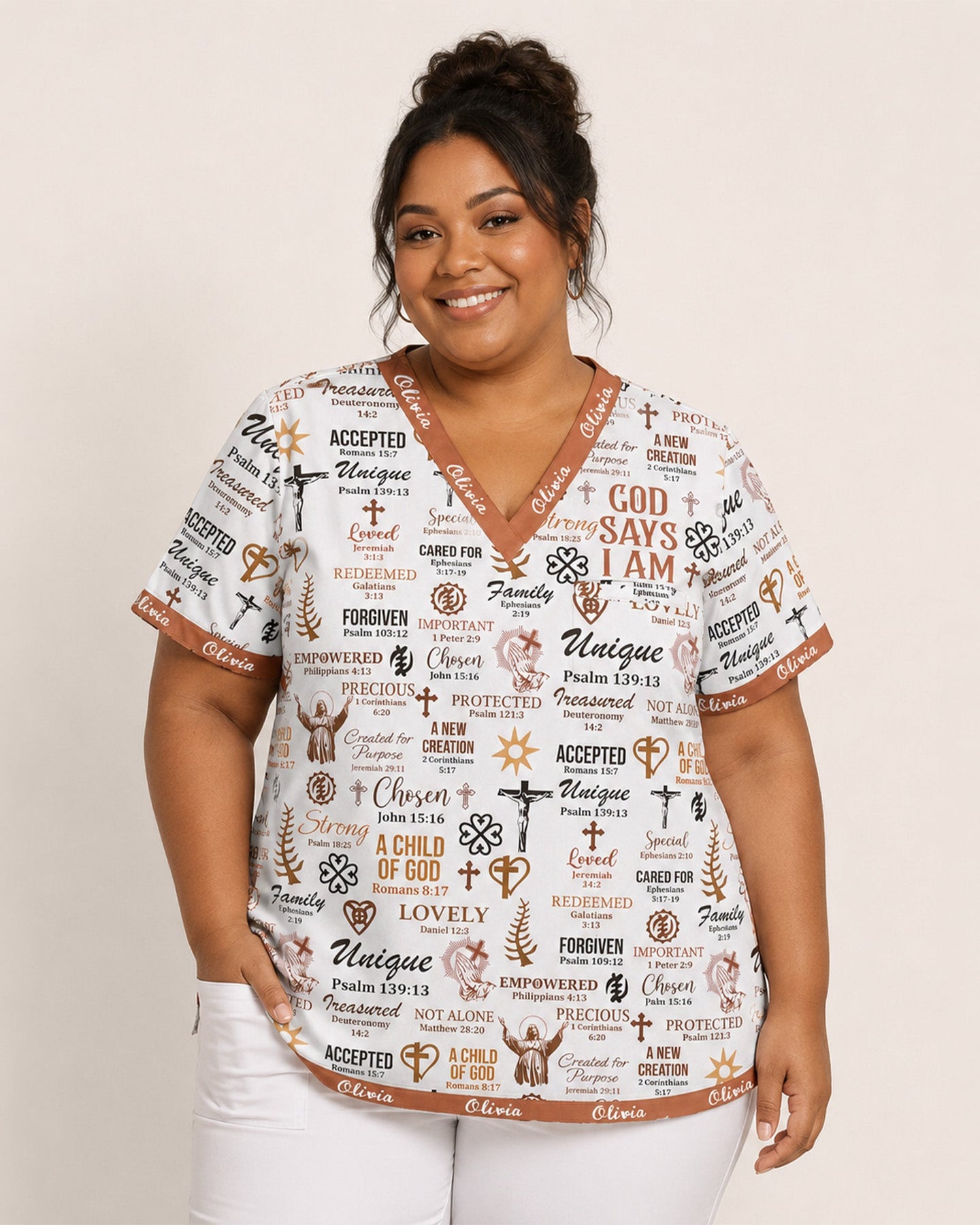 Personalized Name Nurse God Says I Am Bible Pattern Women's One-Pocket V-neck Scrub Top - Scrubloop