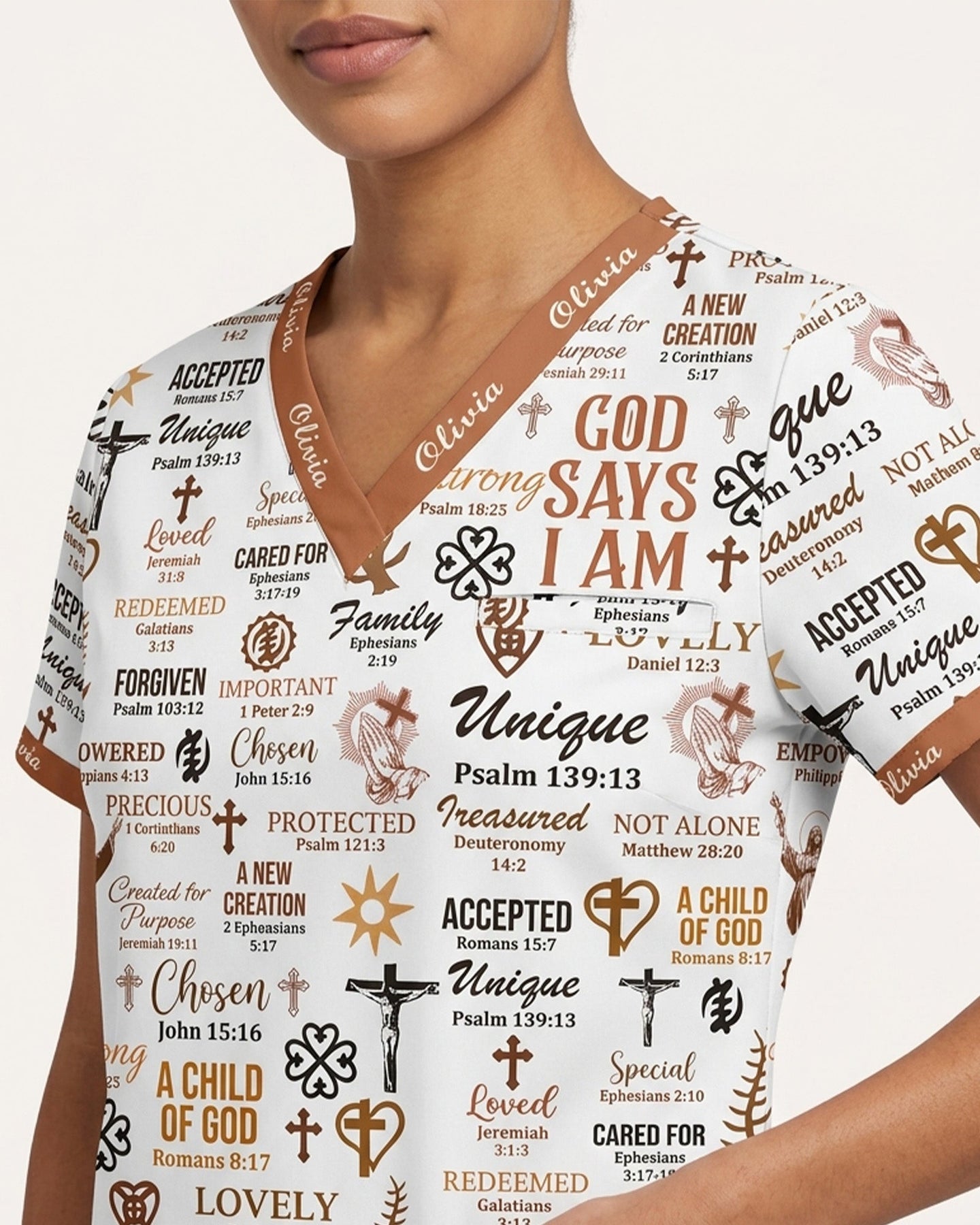 Personalized Name Nurse God Says I Am Bible Pattern Women's One-Pocket V-neck Scrub Top - Scrubloop