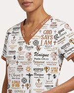 Personalized Name Nurse God Says I Am Bible Pattern Women's One-Pocket V-neck Scrub Top - Scrubloop