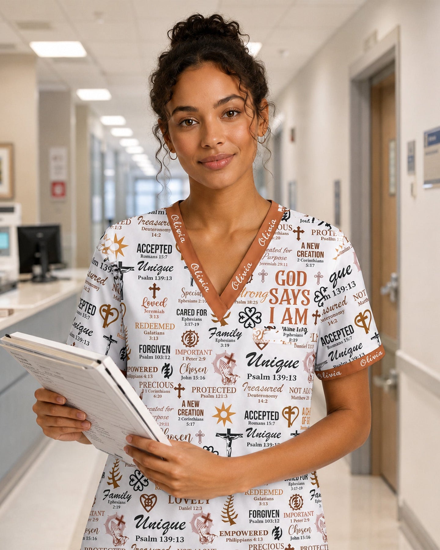 Personalized Name Nurse God Says I Am Bible Pattern Women's One-Pocket V-neck Scrub Top - Scrubloop