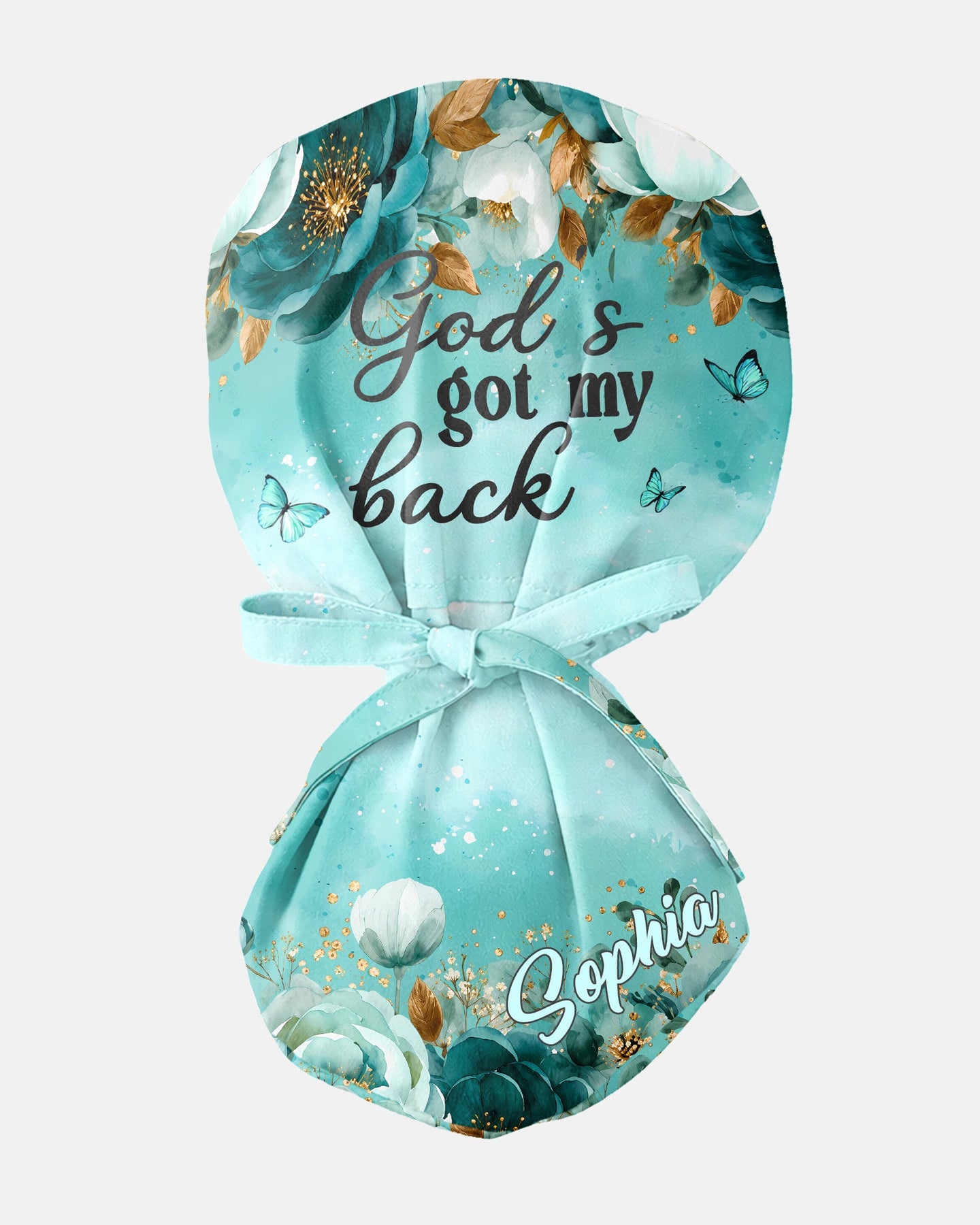 Personalized Name Nurse God's Got My Back Floral Pattern Premium Satin-Lined Scrub Cap - Scrubloop