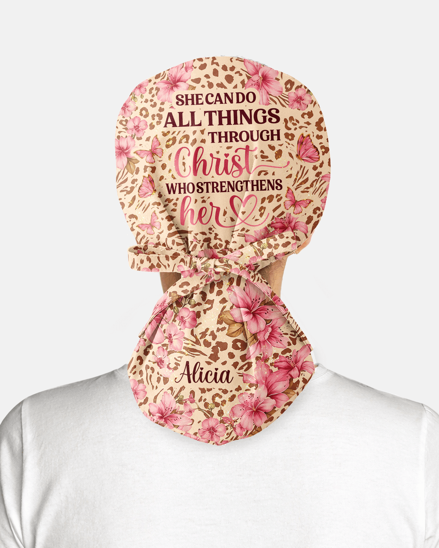 Personalized Name Nurse She Can Do All Things Through Christ Who Strengthens Her Jesus Flower Leopard Scrub Cap - Scrubloop
