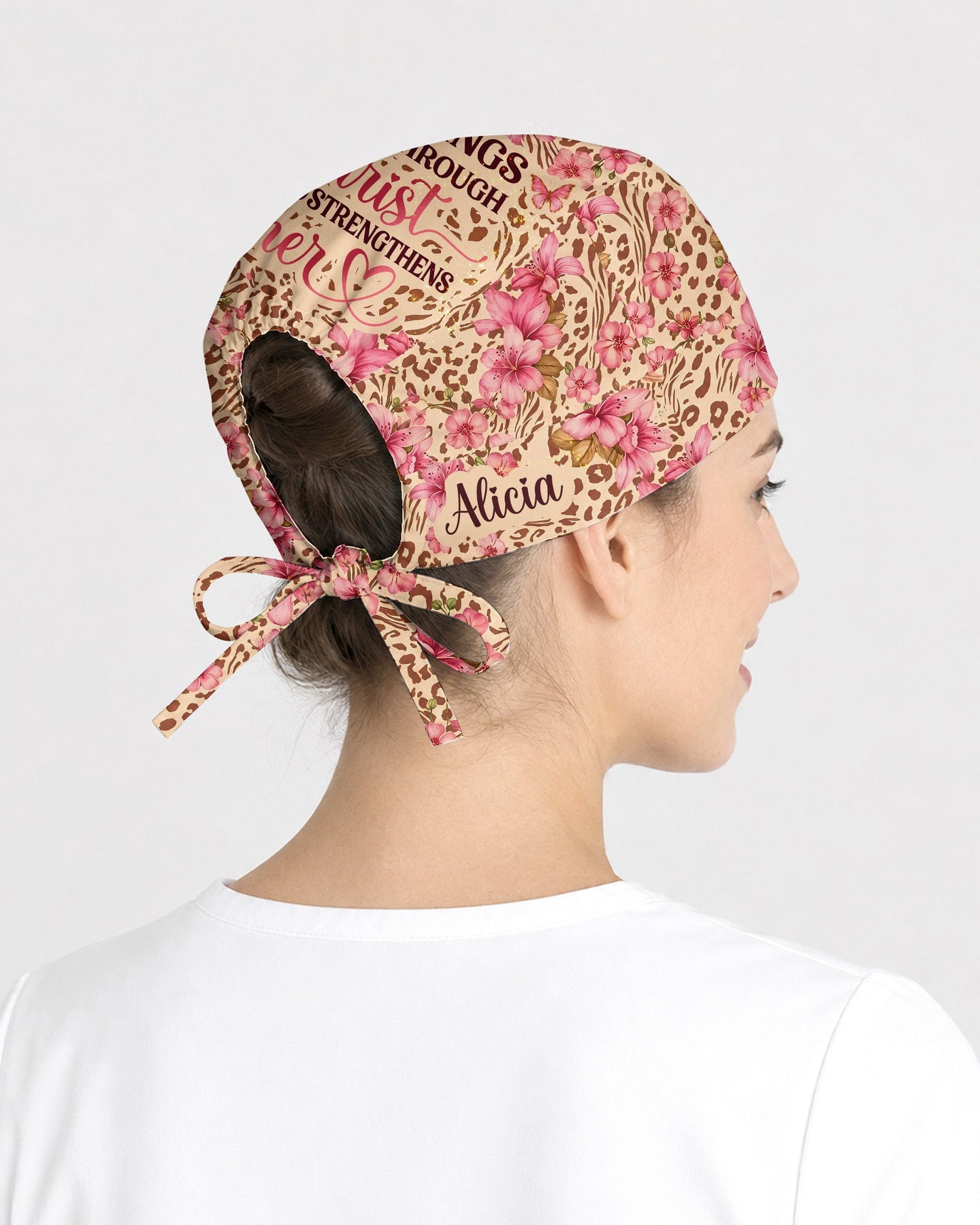 Personalized Name Nurse She Can Do All Things Through Christ Who Strengthens Her Jesus Flower Leopard Scrub Cap - Scrubloop