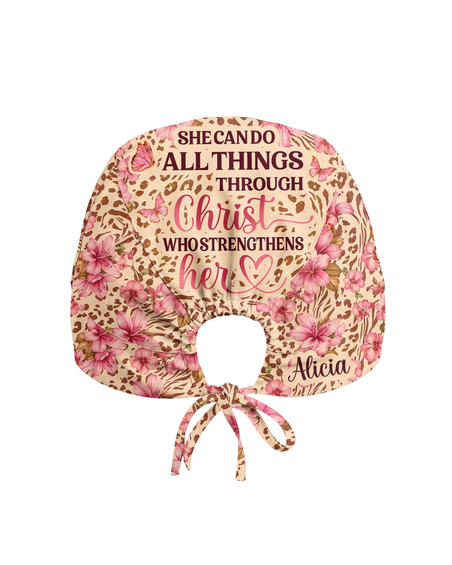 Personalized Name Nurse She Can Do All Things Through Christ Who Strengthens Her Jesus Flower Leopard Scrub Cap - Scrubloop