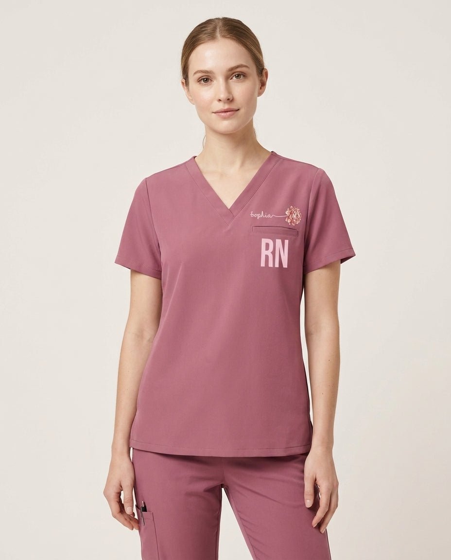 Personalized Name, Specialty And Birth Month Flower Top - Scrubloop