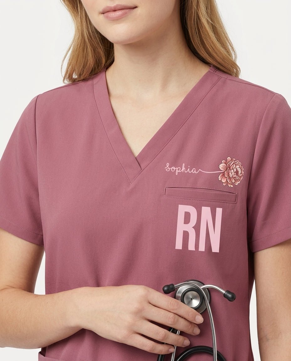 Personalized Name, Specialty And Birth Month Flower Top - Scrubloop
