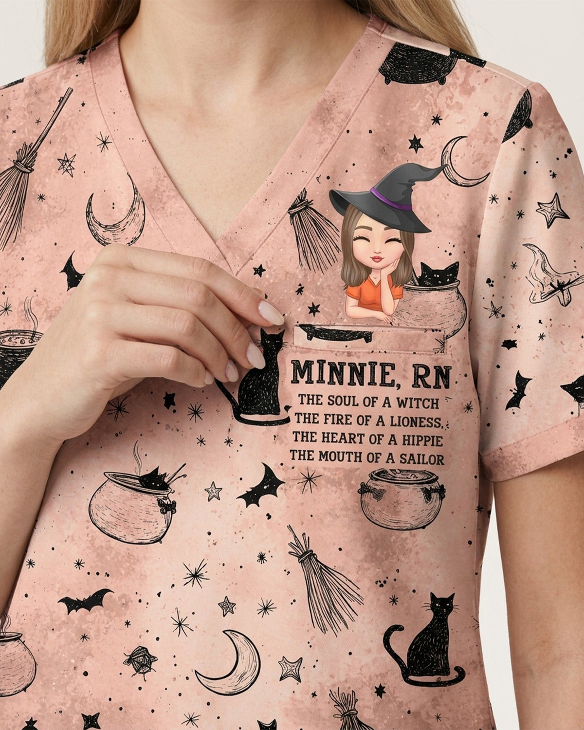 Personalized Name, Specialty And Character The Soul Of A Witch Halloween Gift For Nurse Top - Scrubloop