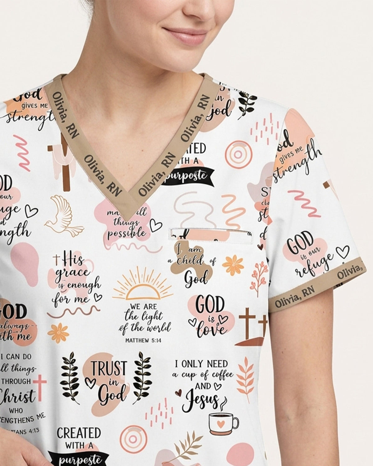 Personalized Name The Lord Gives Me Strength Bible Quote Pattern Christian Nurse Top - Scrubloop