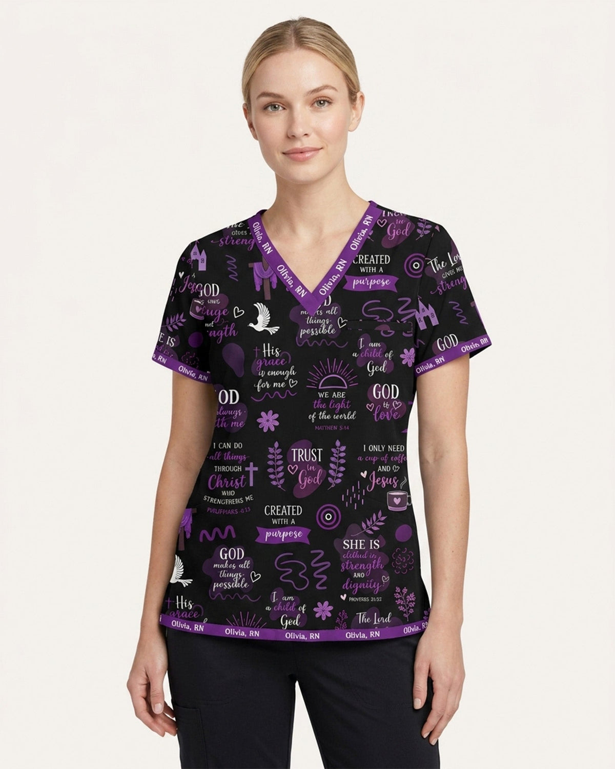 Personalized Name The Lord Gives Me Strength Bible Quote Pattern Christian Nurse Top - Scrubloop