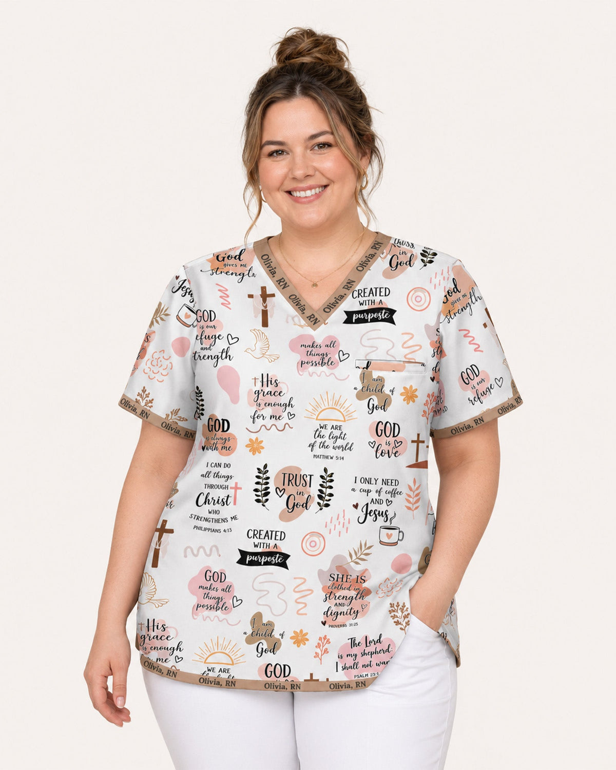 Personalized Name The Lord Gives Me Strength Bible Quote Pattern Christian Nurse Top - Scrubloop