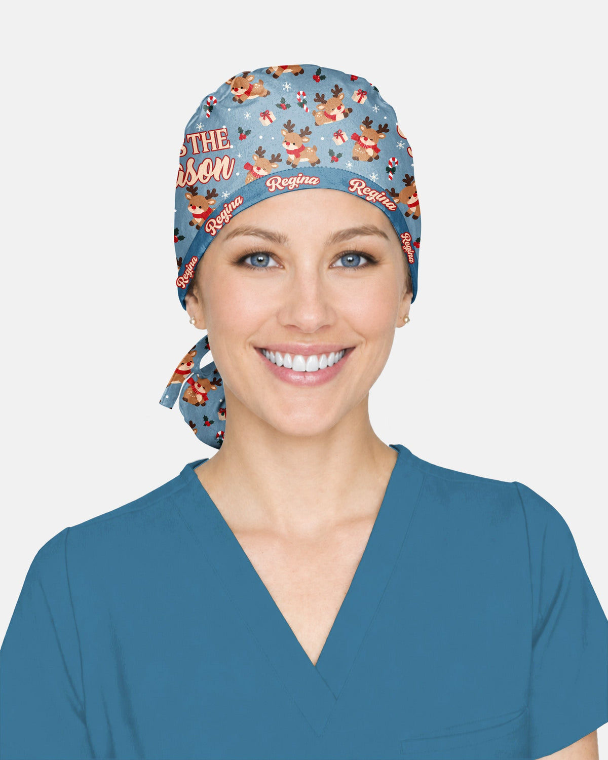 Personalized Name Tis The Season Reindeer Pattern Christmas Gift For Nurse Cap - Scrubloop