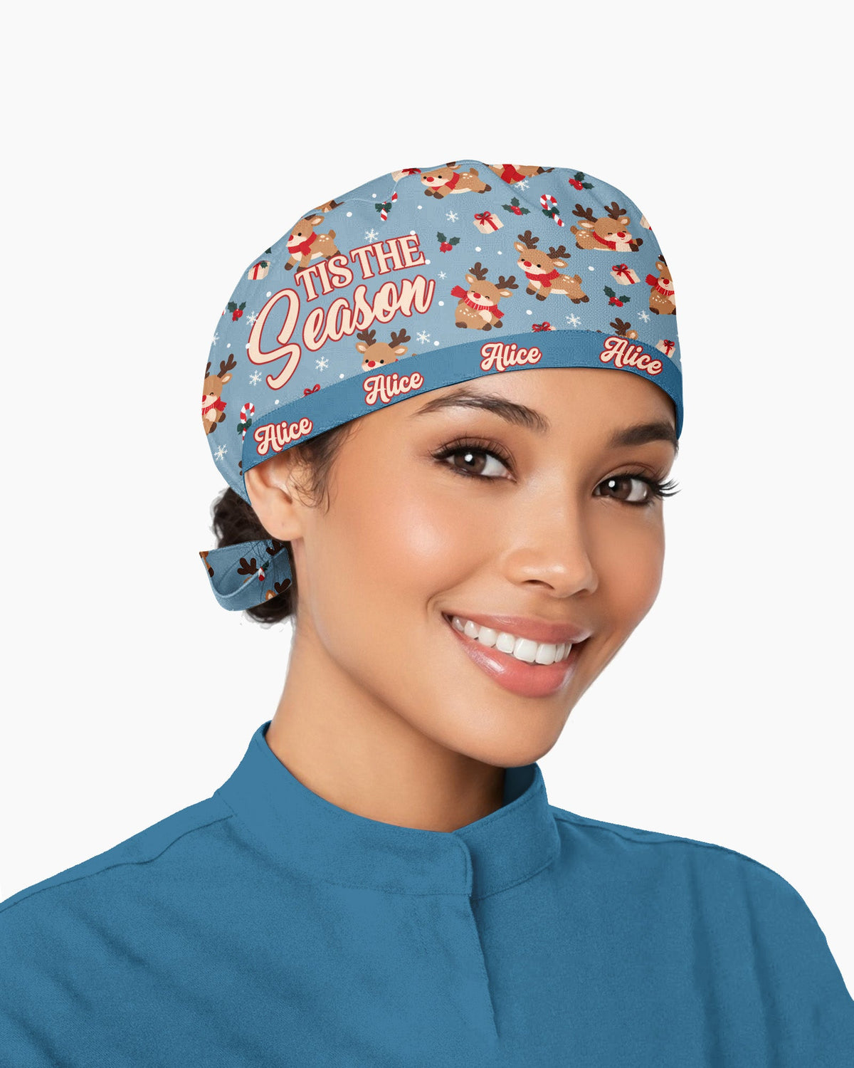 Personalized Name Tis The Season Reindeer Pattern Christmas Gift For Nurse Cap - Scrubloop