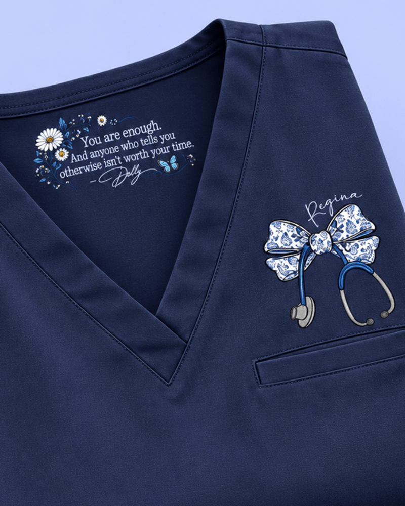 Personalized Name You Are Enough Stethoscope Bow Inspirational Affirmation Hidden Message Gift For Nurse Top - Scrubloop