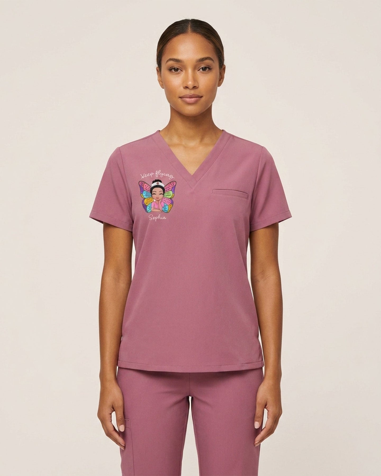 Personalized Nurse And Name Butterfly Keep Flying Top - Scrubloop
