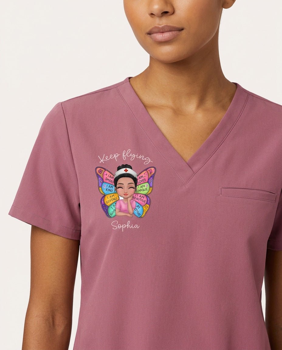 Personalized Nurse And Name Butterfly Keep Flying Top - Scrubloop