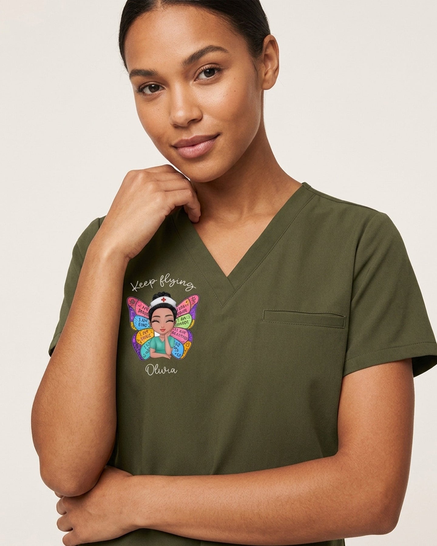 Personalized Nurse And Name Butterfly Keep Flying Top - Scrubloop