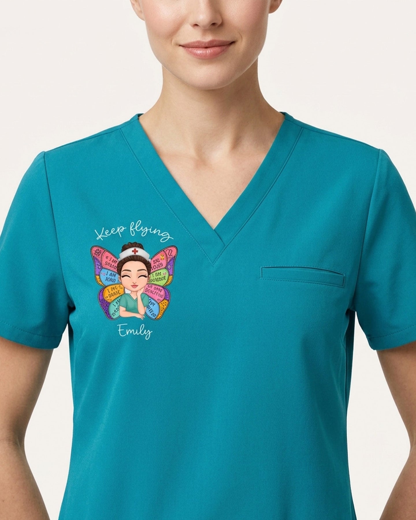 Personalized Nurse And Name Butterfly Keep Flying Top - Scrubloop