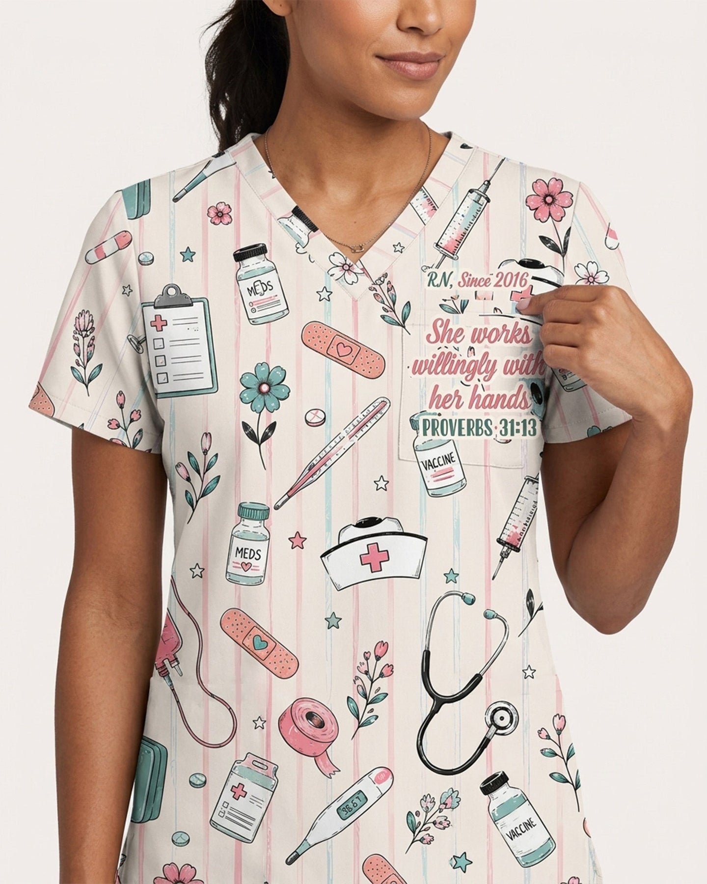 Personalized Nurse Job Title And Name Nurse God Is Within Her She Will Not Fall Christian Women's One-Pocket V-neck Scrub Top - Scrubloop