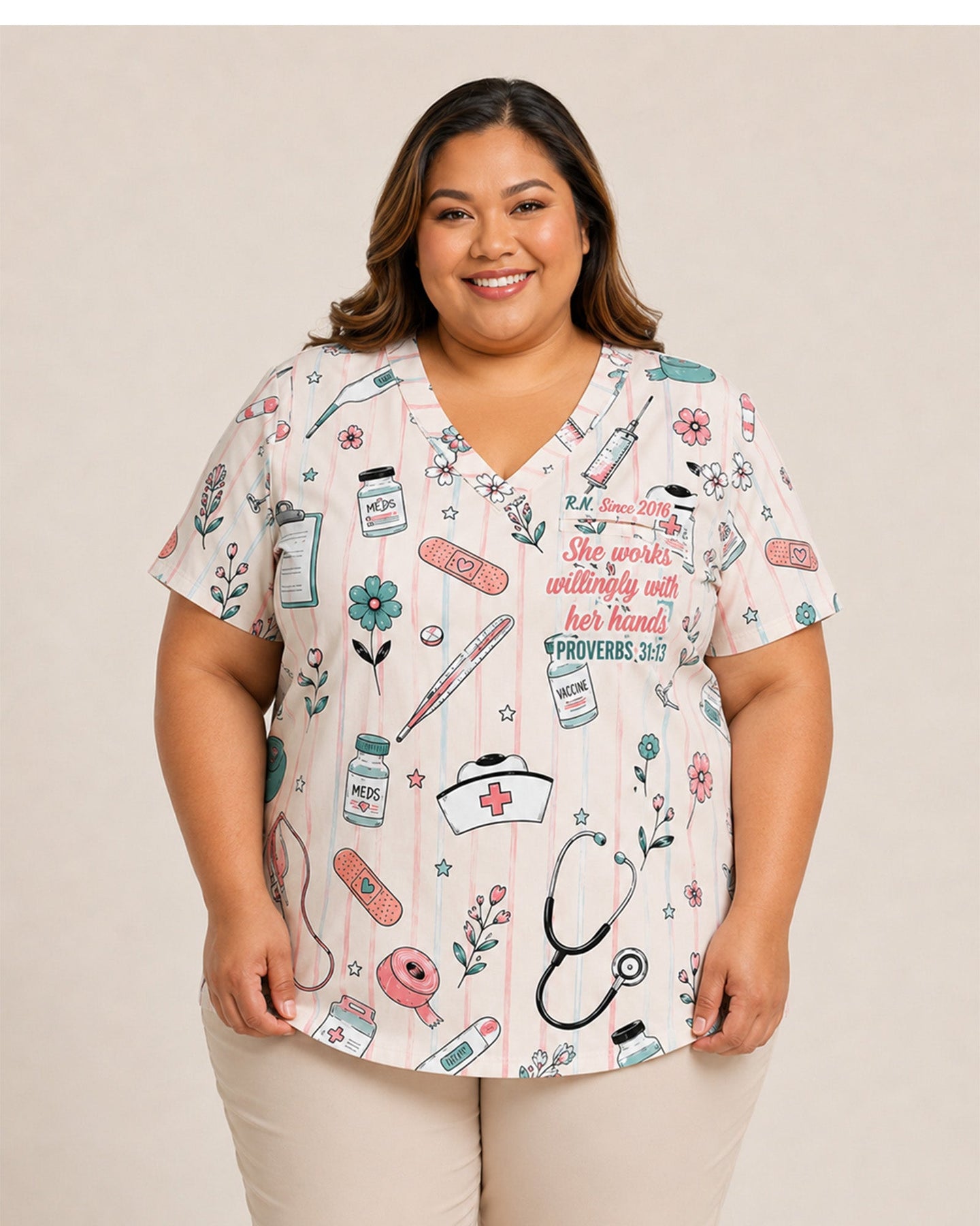 Personalized Nurse Job Title And Name Nurse God Is Within Her She Will Not Fall Christian Women's One-Pocket V-neck Scrub Top - Scrubloop