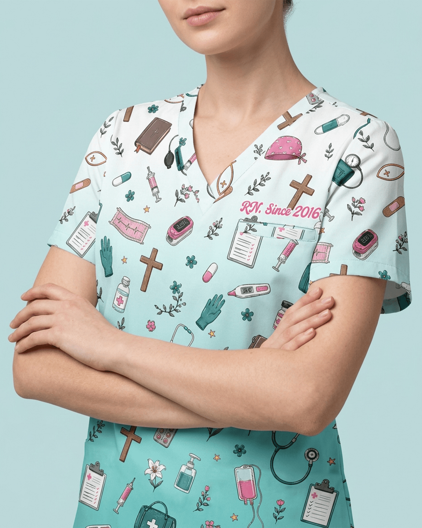 Personalized Nurse Job Title And Name Nurse She Works Willingly With Her Hands Christian Women's One-Pocket V-neck Scrub Top - Scrubloop