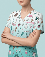 Personalized Nurse Job Title And Name Nurse She Works Willingly With Her Hands Christian Women's One-Pocket V-neck Scrub Top - Scrubloop