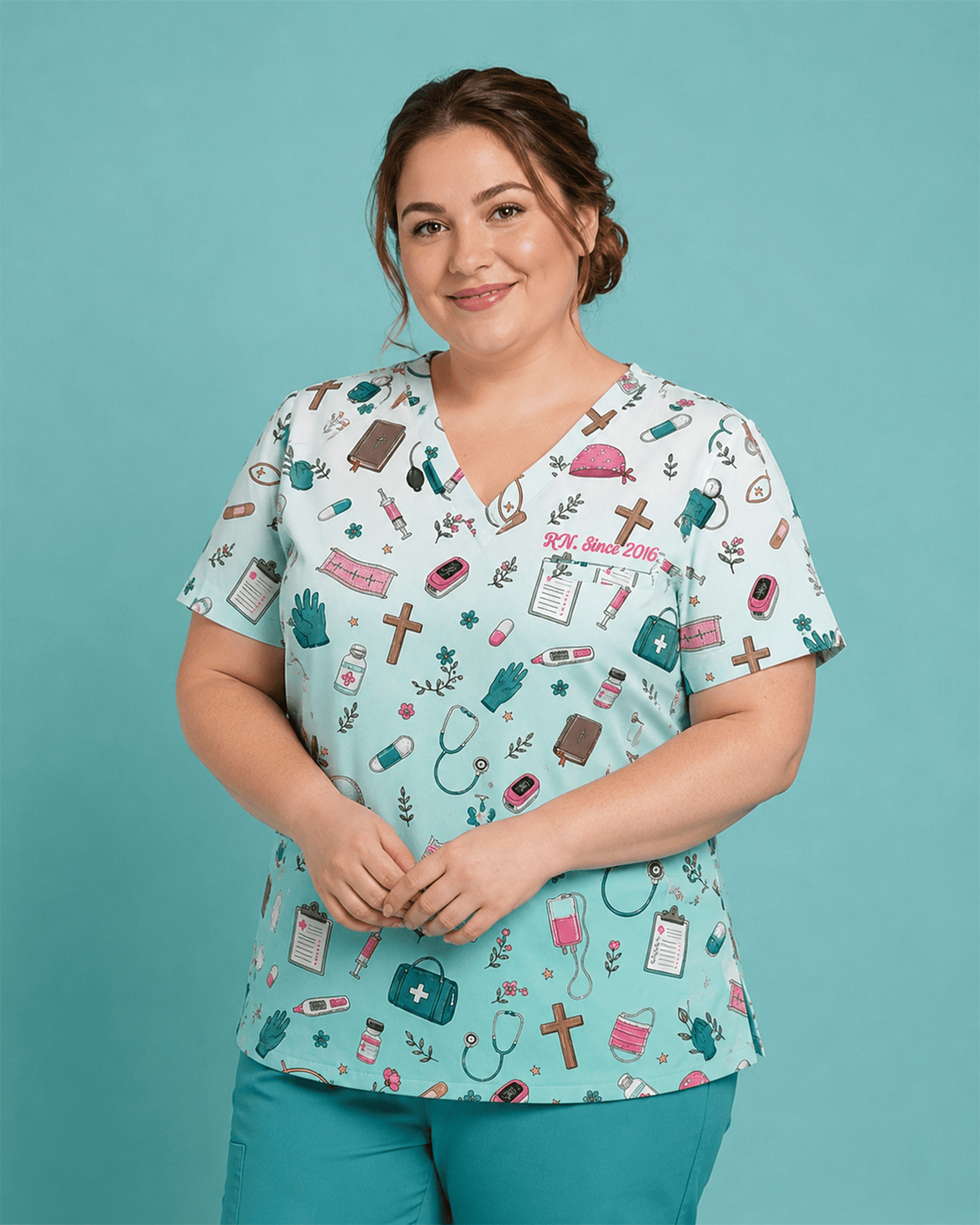 Personalized Nurse Job Title And Name Nurse She Works Willingly With Her Hands Christian Women's One-Pocket V-neck Scrub Top - Scrubloop