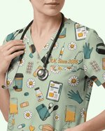 Personalized Nurse Job Title And Name Nurse Things Daisy Flower Pattern Women's One-Pocket V-neck Scrub Top - Scrubloop