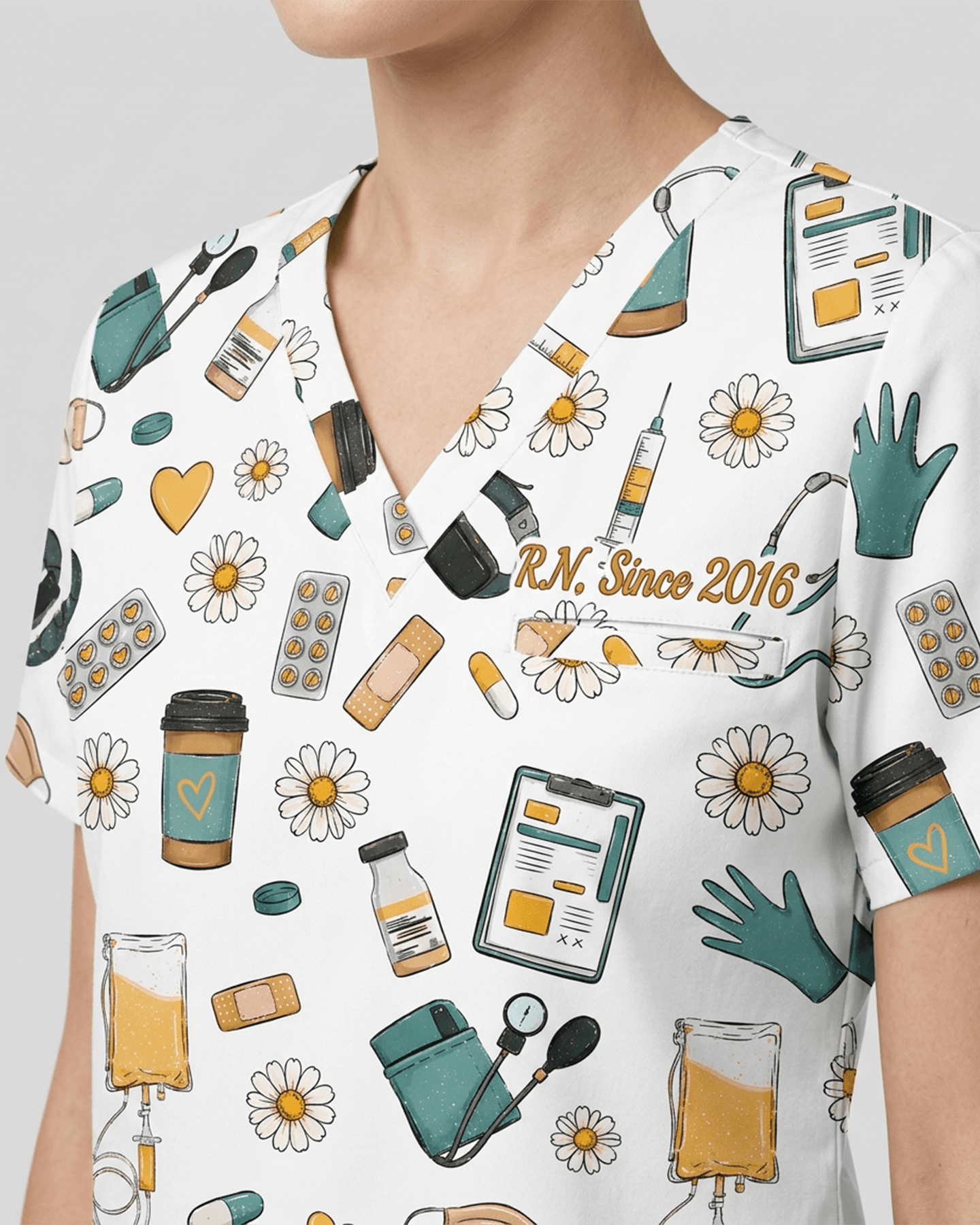 Personalized Nurse Job Title And Name Nurse Things Daisy Flower Pattern Women's One-Pocket V-neck Scrub Top - Scrubloop