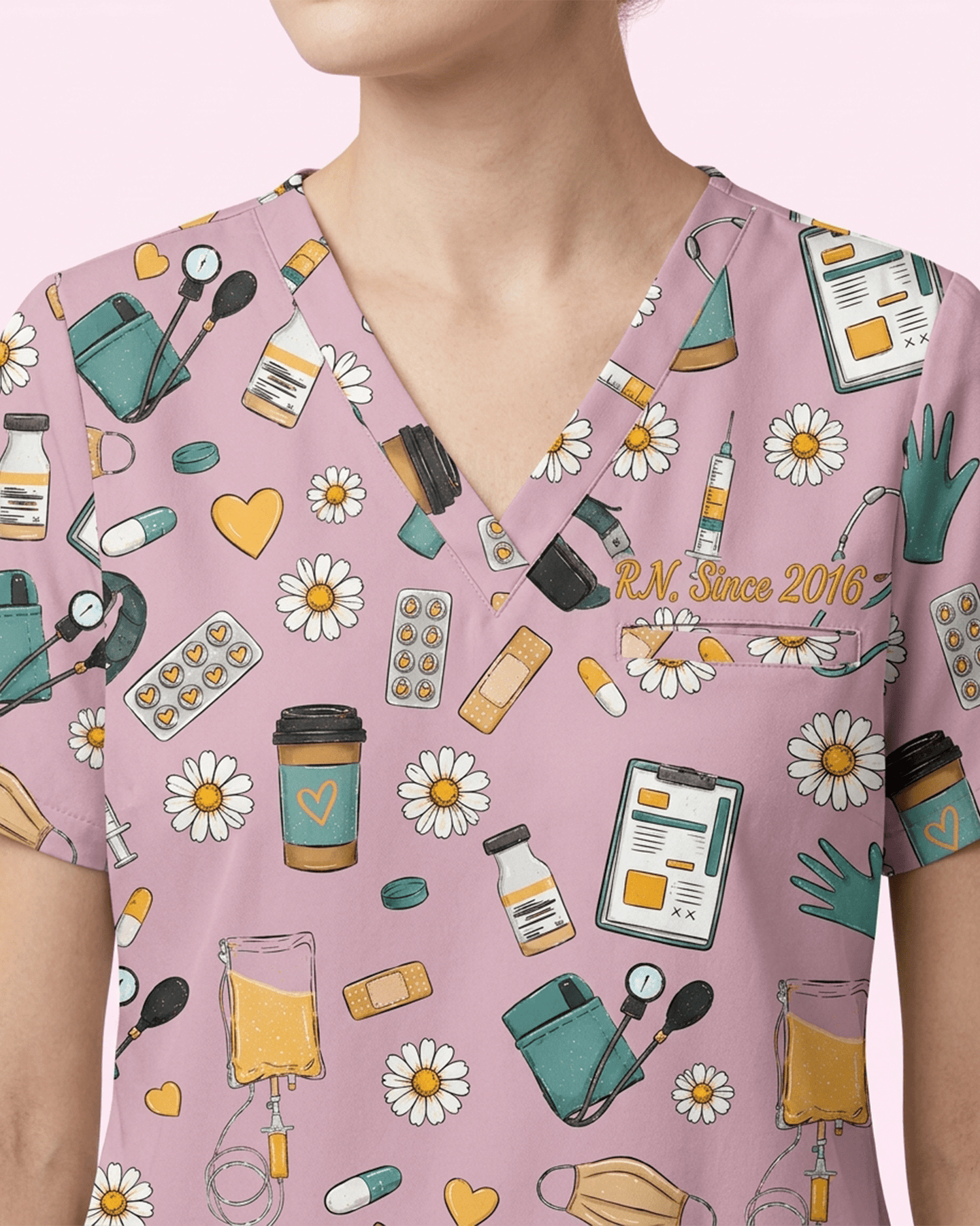 Personalized Nurse Job Title And Name Nurse Things Daisy Flower Pattern Women's One-Pocket V-neck Scrub Top - Scrubloop