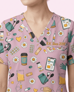 Personalized Nurse Job Title And Name Nurse Things Daisy Flower Pattern Women's One-Pocket V-neck Scrub Top - Scrubloop