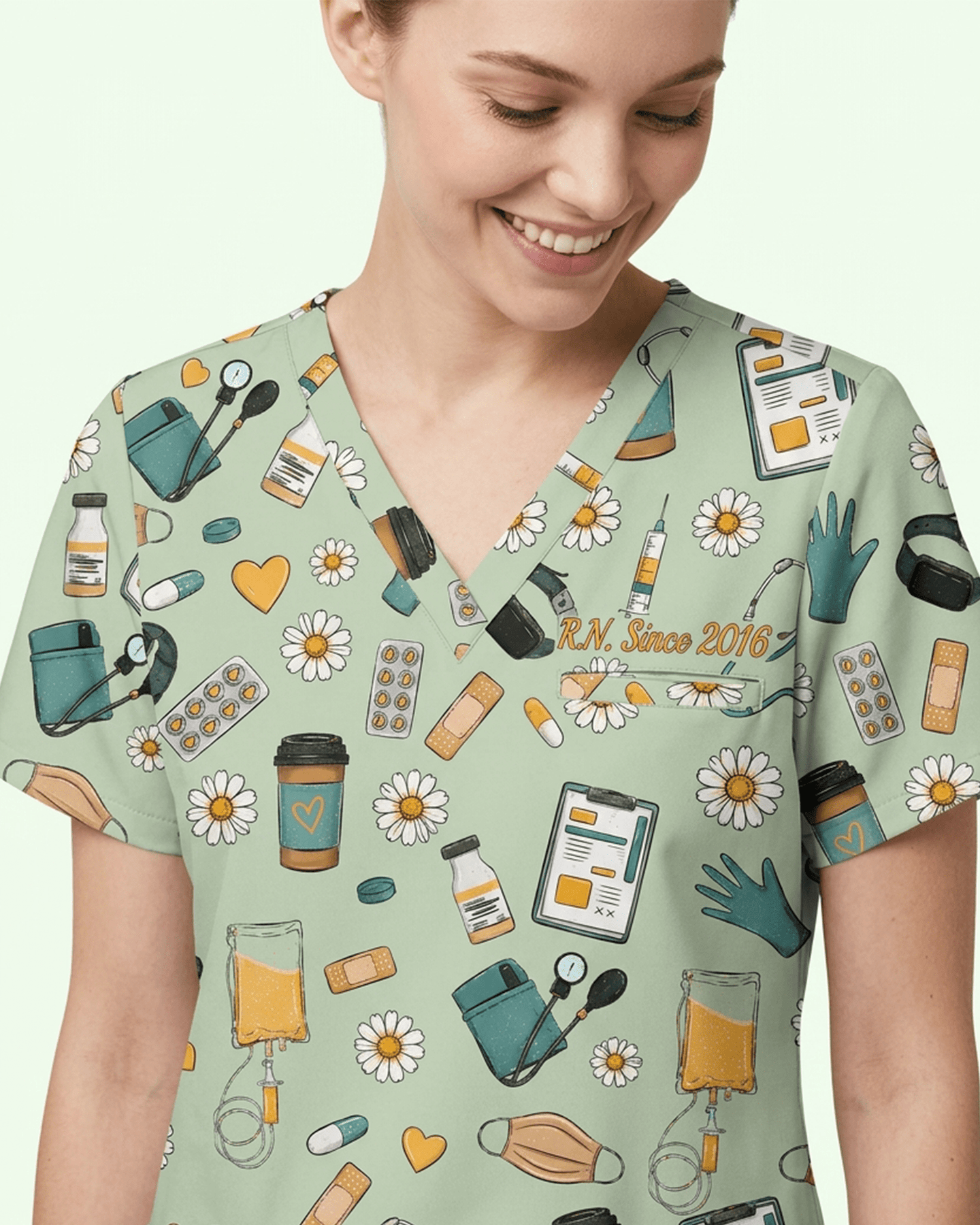 Personalized Nurse Job Title And Name Nurse Things Daisy Flower Pattern Women's One-Pocket V-neck Scrub Top - Scrubloop