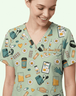 Personalized Nurse Job Title And Name Nurse Things Daisy Flower Pattern Women's One-Pocket V-neck Scrub Top - Scrubloop