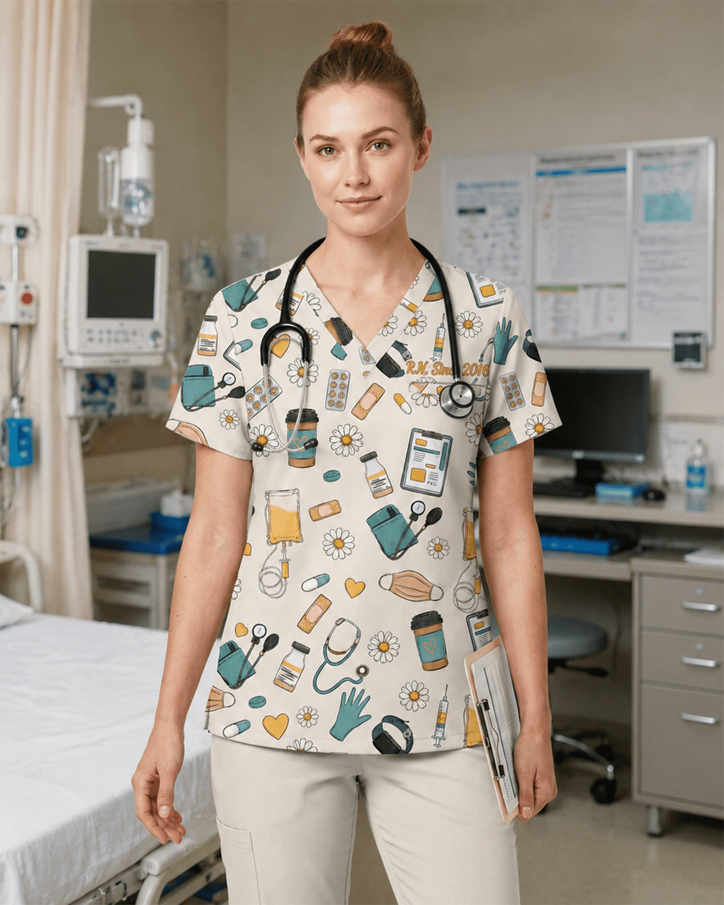 Personalized Nurse Job Title And Name Nurse Things Daisy Flower Pattern Women's One-Pocket V-neck Scrub Top - Scrubloop