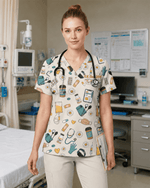 Personalized Nurse Job Title And Name Nurse Things Daisy Flower Pattern Women's One-Pocket V-neck Scrub Top - Scrubloop