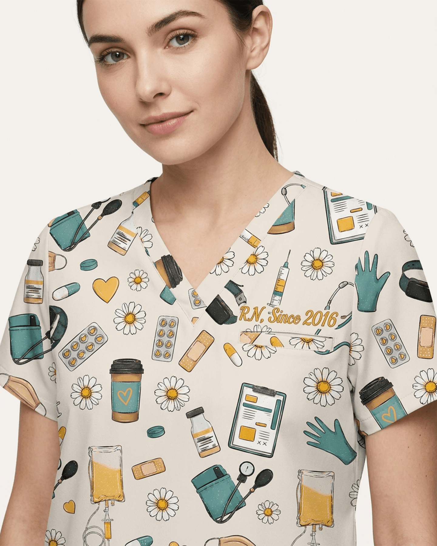 Personalized Nurse Job Title And Name Nurse Things Daisy Flower Pattern Women's One-Pocket V-neck Scrub Top - Scrubloop