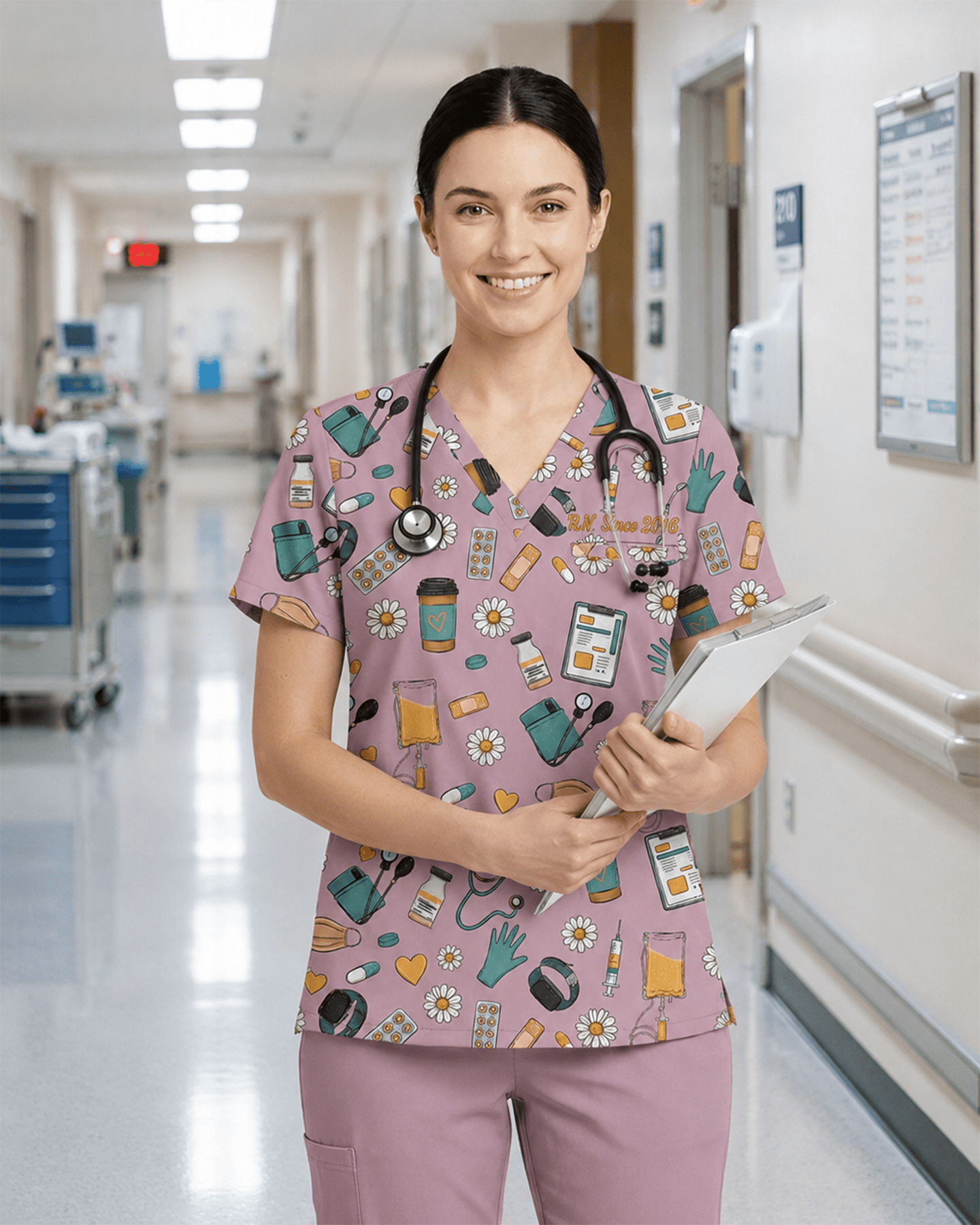Personalized Nurse Job Title And Name Nurse Things Daisy Flower Pattern Women's One-Pocket V-neck Scrub Top - Scrubloop