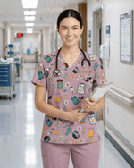 Personalized Nurse Job Title And Name Nurse Things Daisy Flower Pattern Women's One-Pocket V-neck Scrub Top - Scrubloop