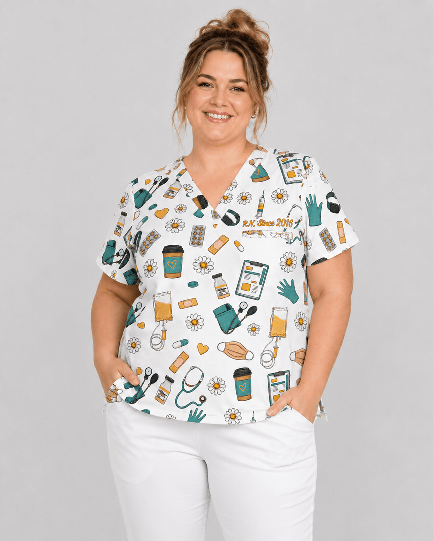 Personalized Nurse Job Title And Name Nurse Things Daisy Flower Pattern Women's One-Pocket V-neck Scrub Top - Scrubloop
